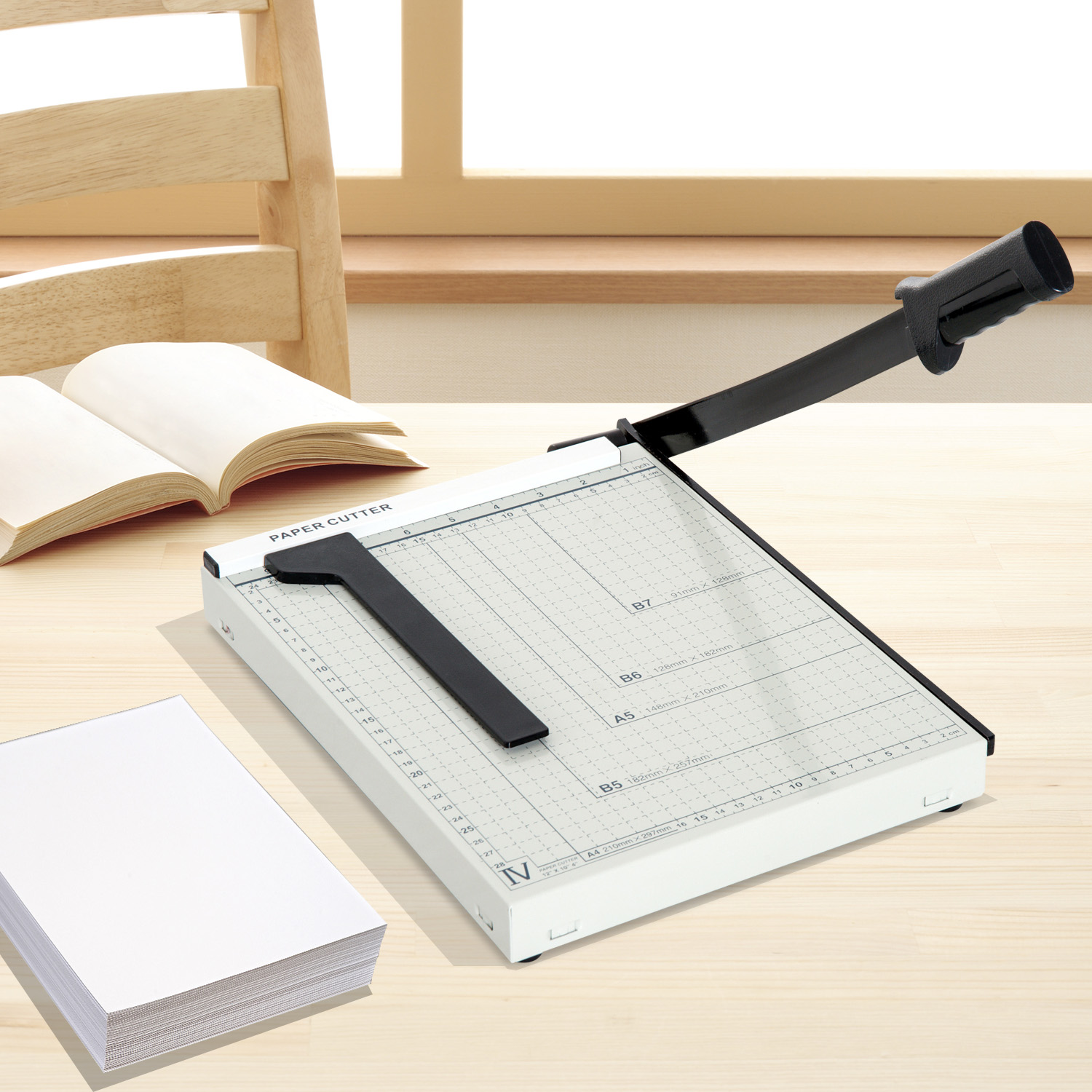 Cutter en papier A4 Cutter en papier professionnel pour les papiers Photographie Studio Capacité scolaire 12 Feuilles avec règle 48x26,5x5 cm Blanc