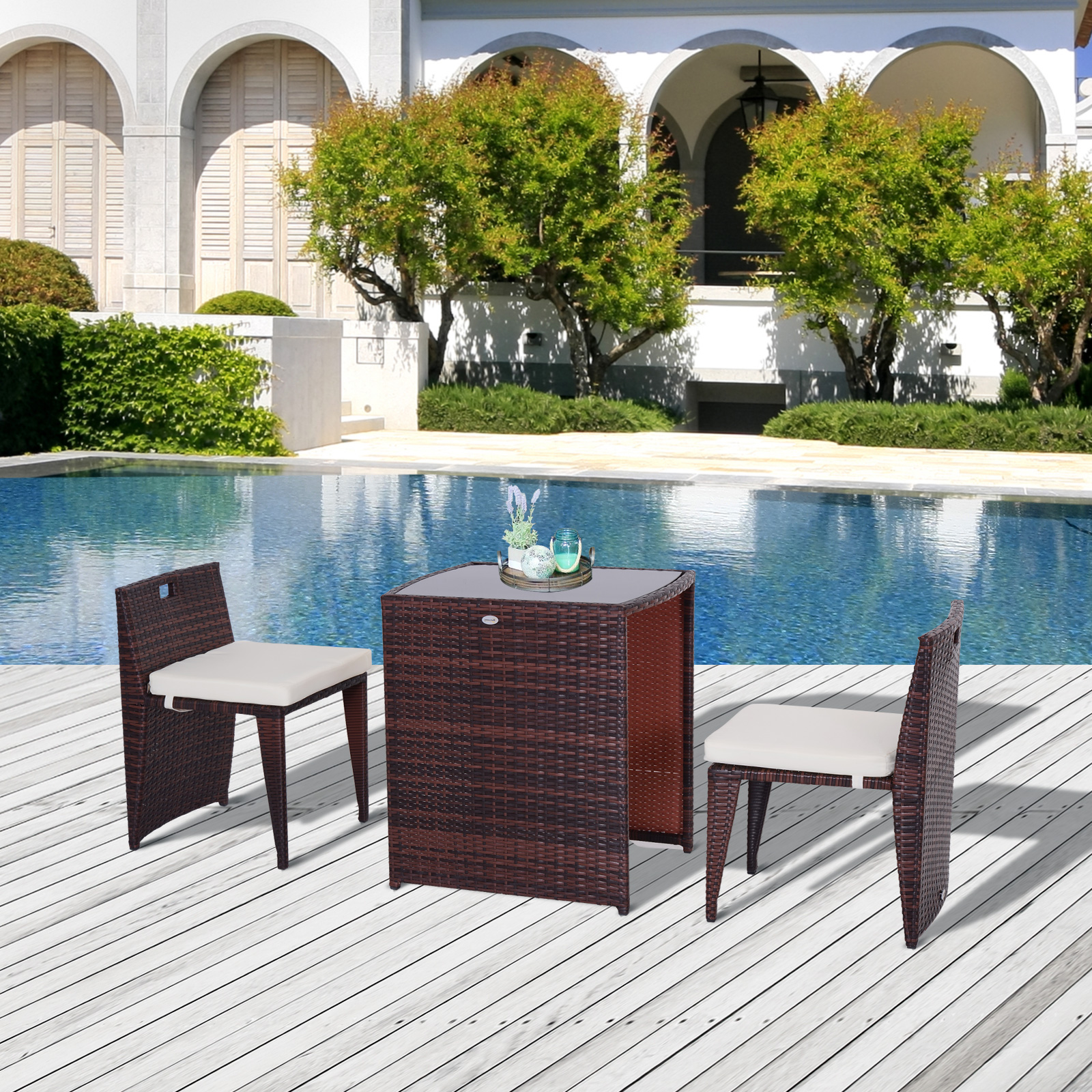 conjunto de muebles exteriores 1 Mesa y 2 Sillas color castaño