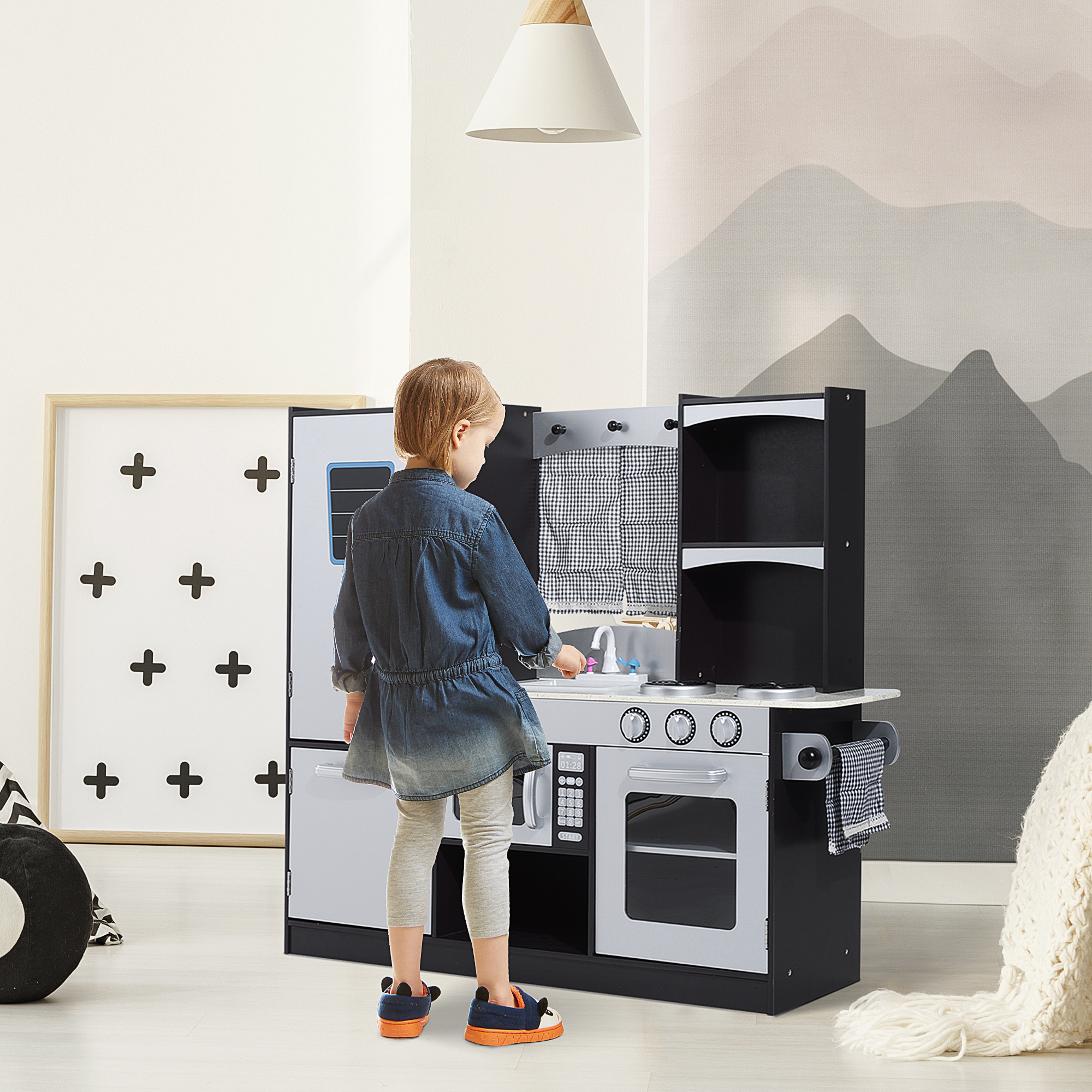 Cozinha de Brinquedo Infantil Cozinha de Madeira para Crianças acima de 3 Anos com Acessórios Cozinha para Crianças com Forno Micro-Ondas Lavatório 105x31,5x95 cm Cinza e Preto