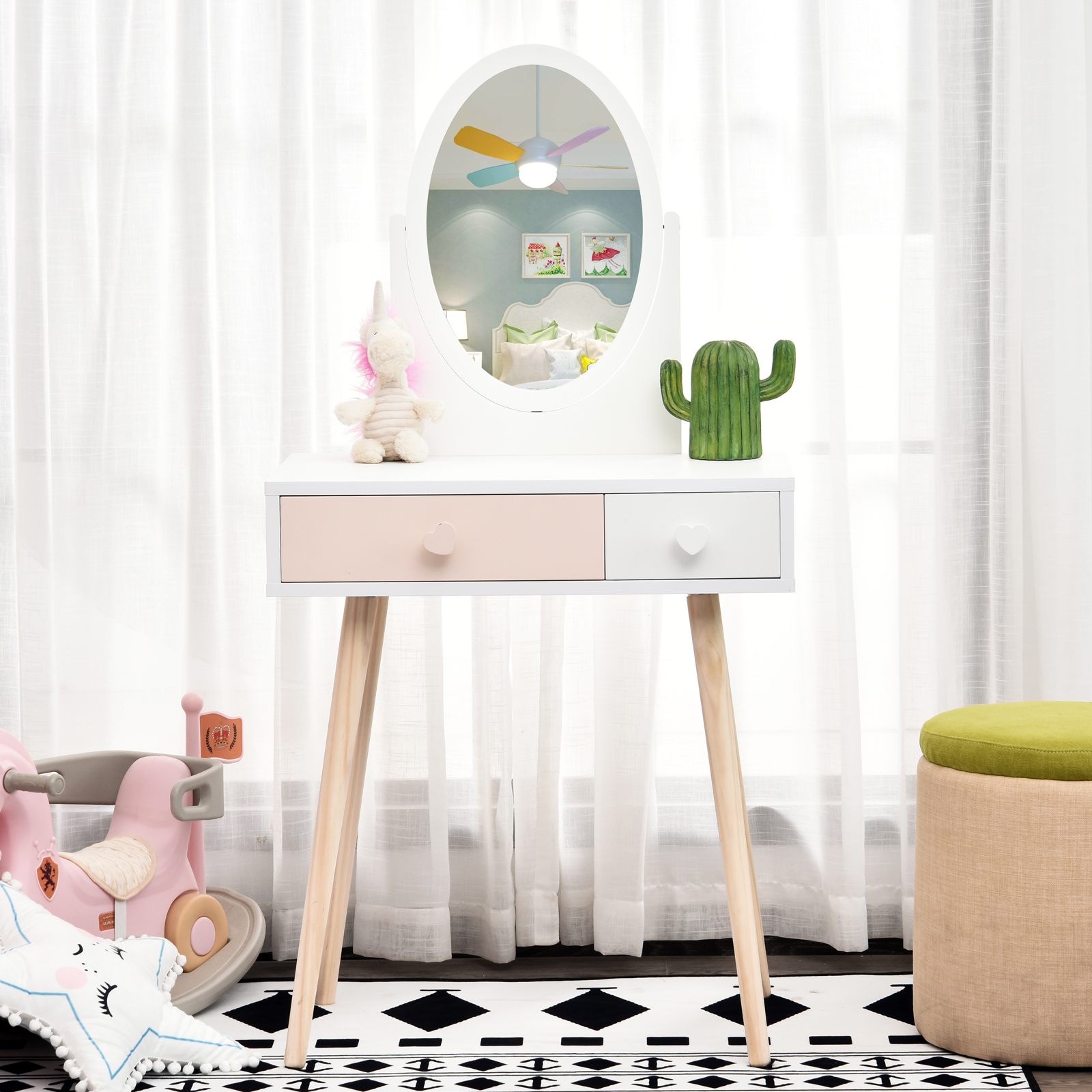 Toucador de Madeira Infantil com Espelho e 2 Gavetas 69x49x136cm Branco e Rosa