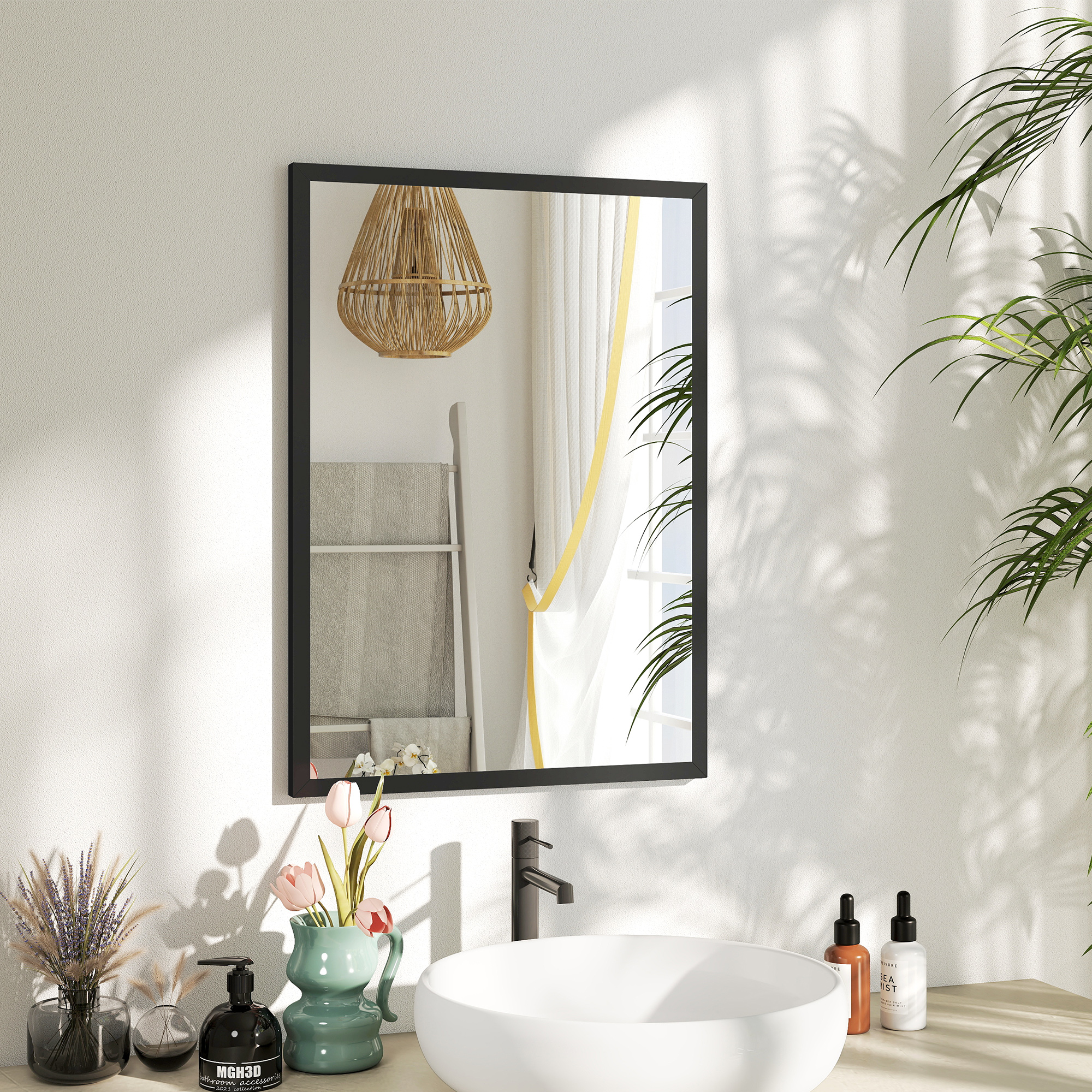 Espelho de Parede Decorativo 50x70 cm Espelho Retangular Espelho de Casa de Banho com 4 Ganchos Metálicos Estilo Moderno para Sala Quarto Entrada Preto