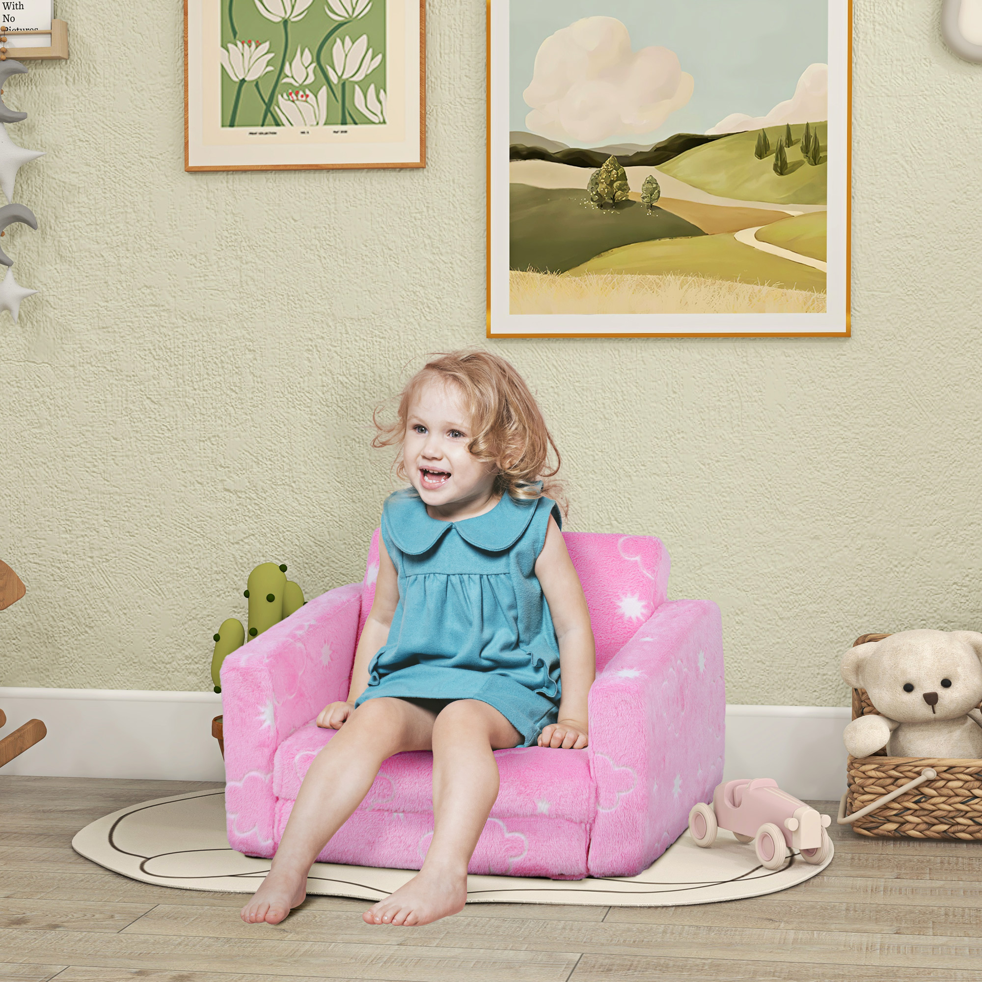 Canapé pliable pliable pour enfants 2 en 1 Canapé pour enfants rembourré en tissu lumineux avec Nunes Design et housse pour dorme salle de séjour rose