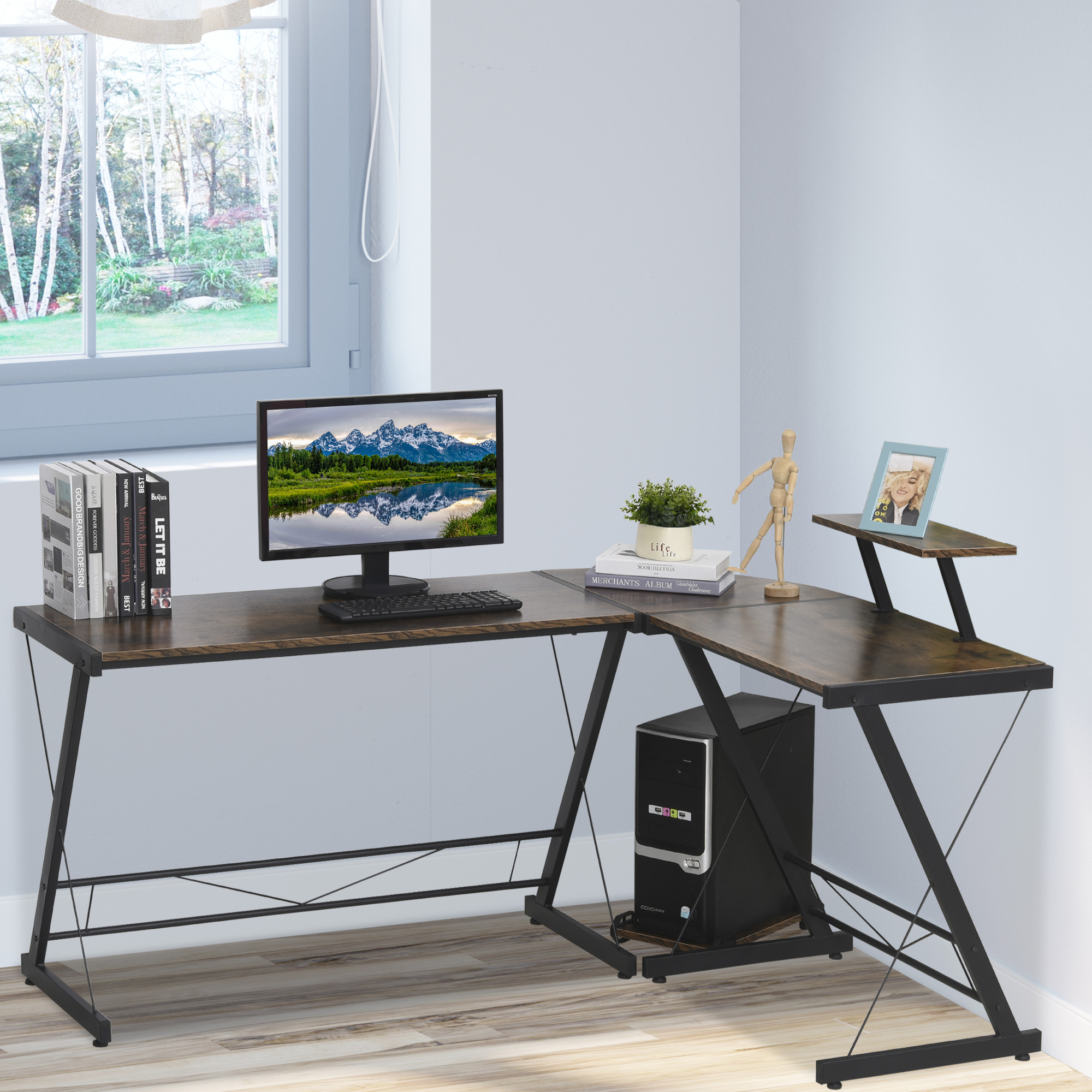 Mesa para computador de canto em forma de L com pratele