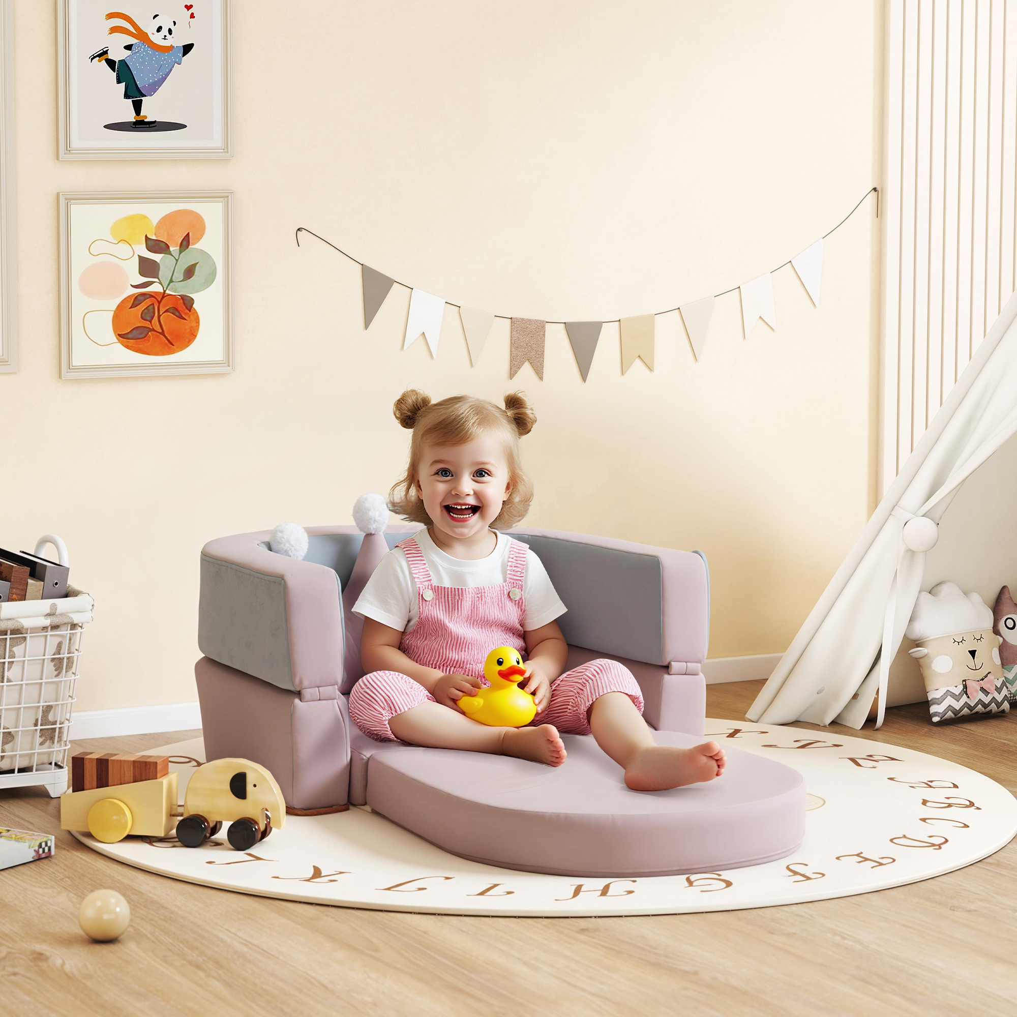 Sofá Infantil Convertível Sofá para Crianças com Almofada em Forma de Coroa Dobrável em Cama e Zona de Brincadeiras Estofado em Veludo Suave para Crianças dos 18 aos 36 Meses Rosa e Azul Acinzentado