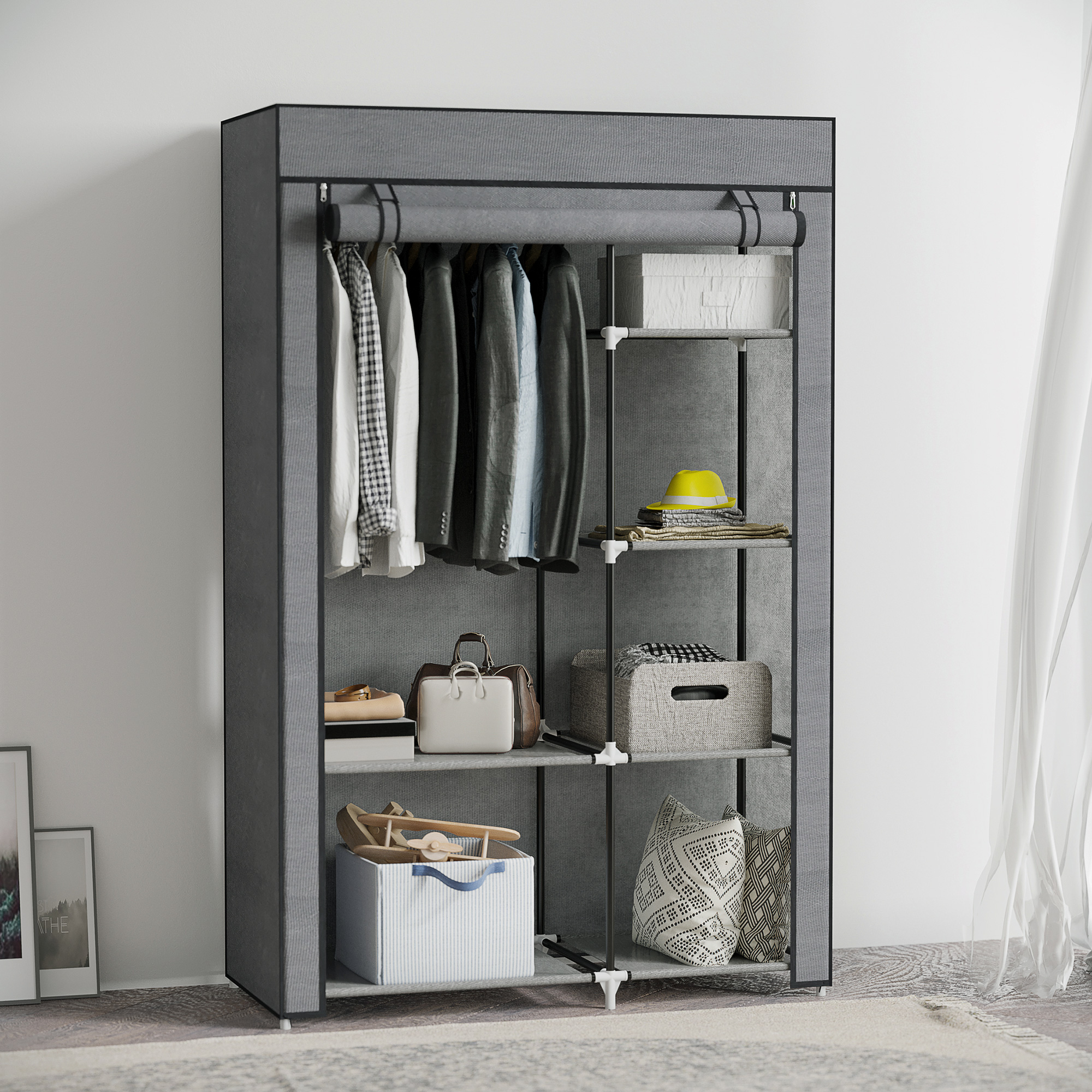 Armoire en tissu pliable Armoire Portable avec 6 étagères et 1 barre de suspension pour commode de dorme 103x43x162,5 cm Gris