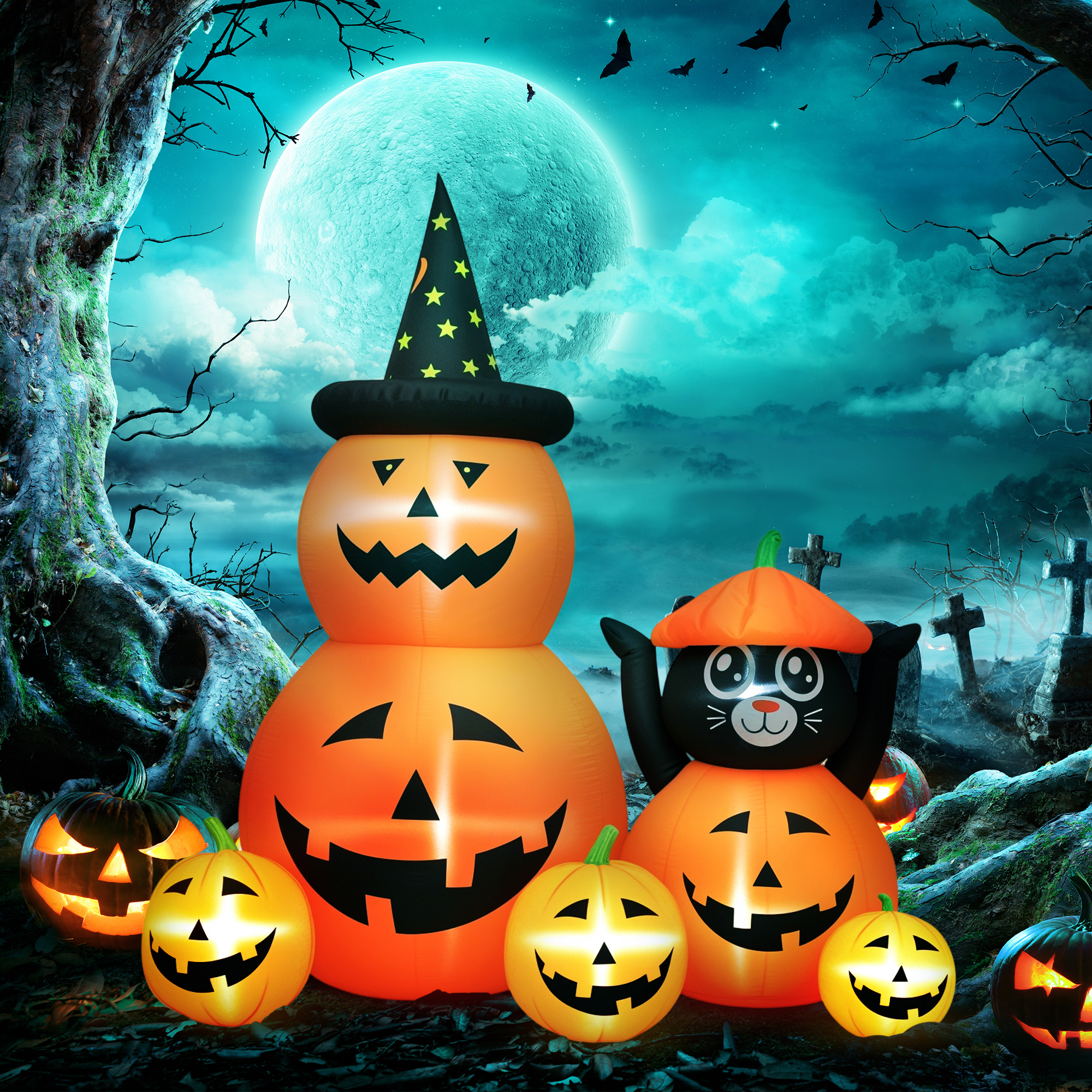 Abóbora Insuflável de Halloween com Gato de 180 cm Deco