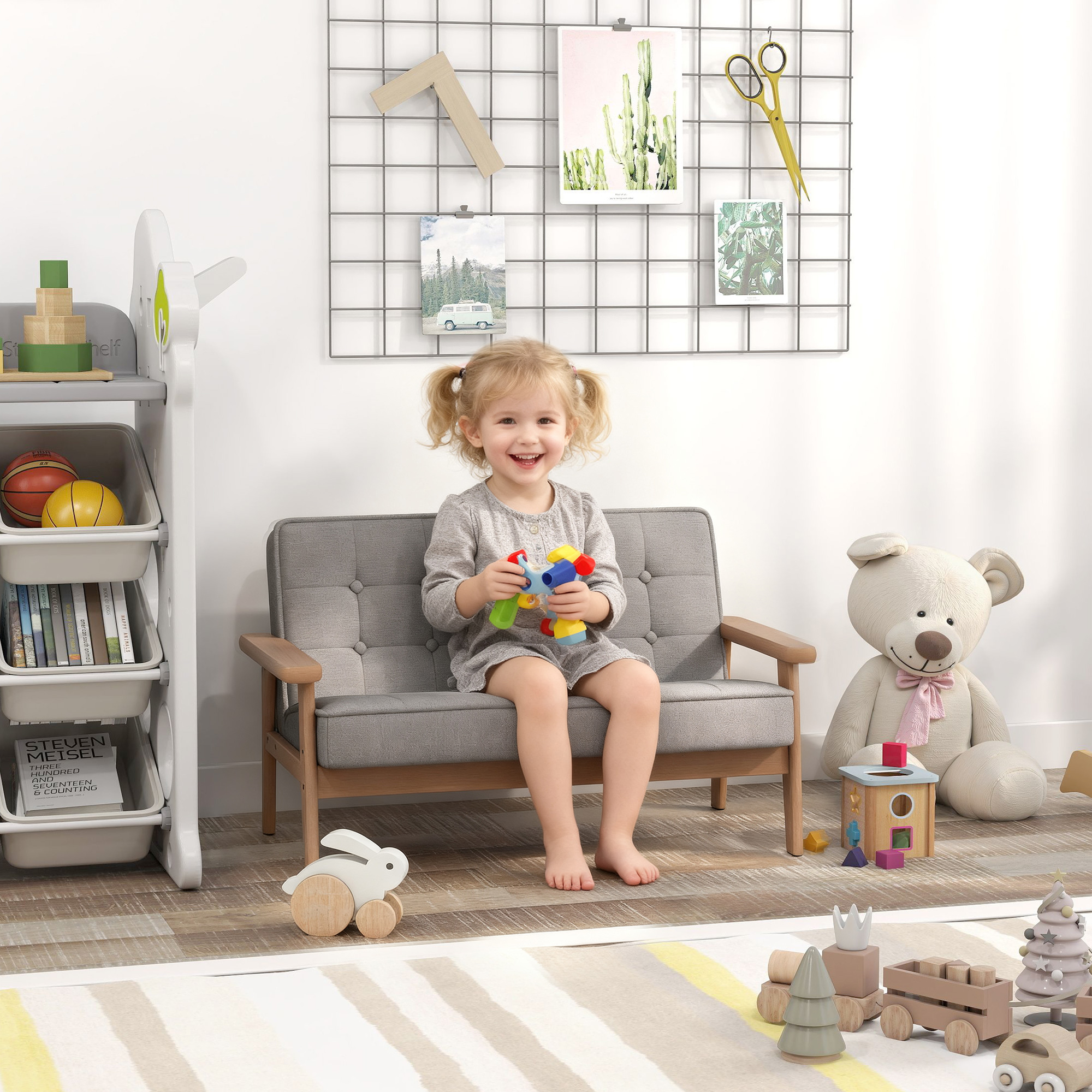 Sofá para Crianças de 2 Lugares Poltrona Infantil de Pelúcia Macia com Estrutura de Madeira Assento e Encosto Acolchoados Apoio de Braços para Crianças a partir de 3 Anos 77x42x48 cm Cinzento