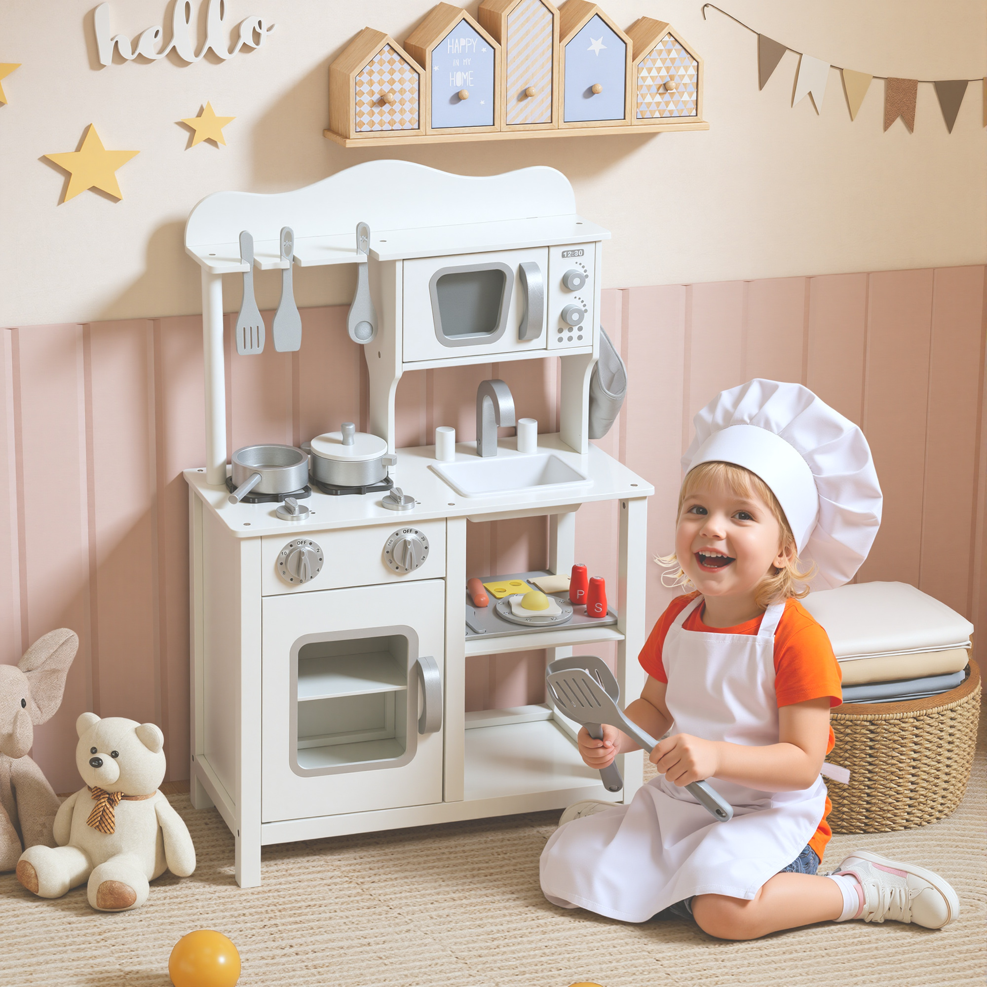 Cozinha de Brincar em Madeira com Som Cozinha Infantil com Acessórios Lava-Loiças Micro-Ondas e Fogão Brinquedos para Crianças a Partir de 3 Anos 55x24x86 cm Branco
