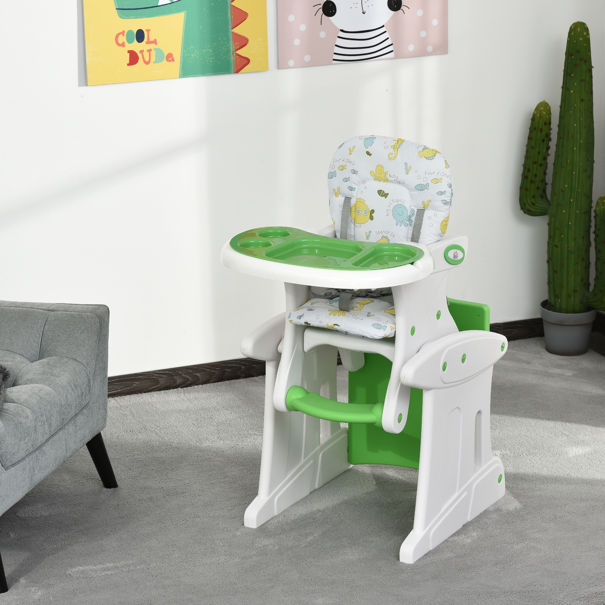 Seggiolino bambino 3 in 1 per più di 6 mesi Trasformare in tavolo e sedia multifunzione Regolabile in 3 posizioni schienale alto imbottito Con 2 vassoi rimovibili 57x59x105 cm Verde