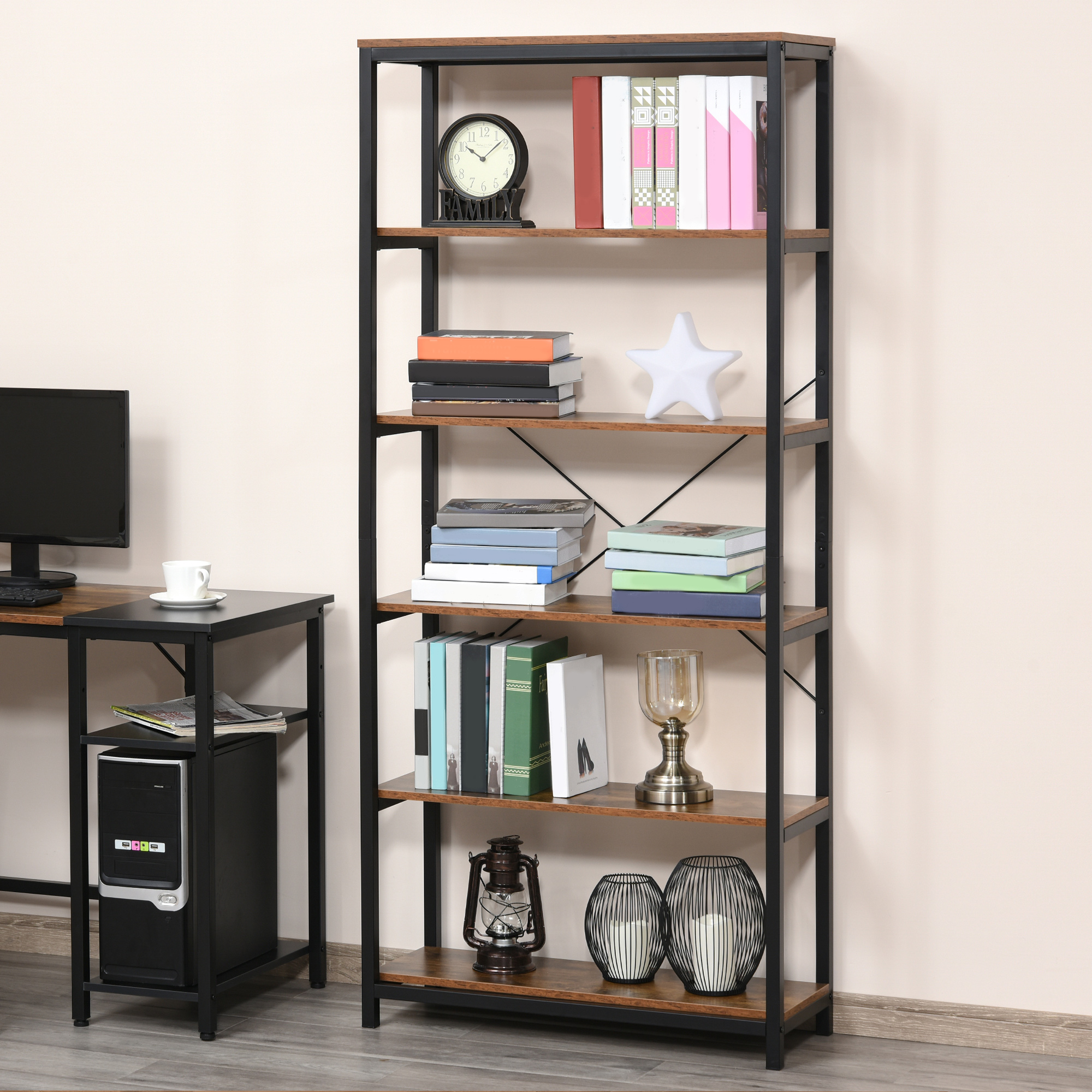 Estantes de estilo industrial com 6 prateleiras abertas para livros Armazenamento da sala de estar Escritório 80x30x180 cm Castanho Rústico