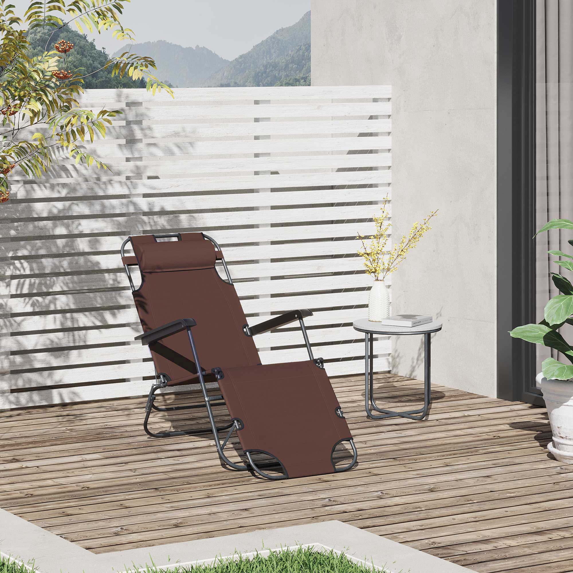 Espreciadora Reclinable y plegable con Encosto Ajustable Apoyo de Brazo Almofada y Apoyo a los Pés para Jardín Carga 136 kg 135x60x89 cm marrón