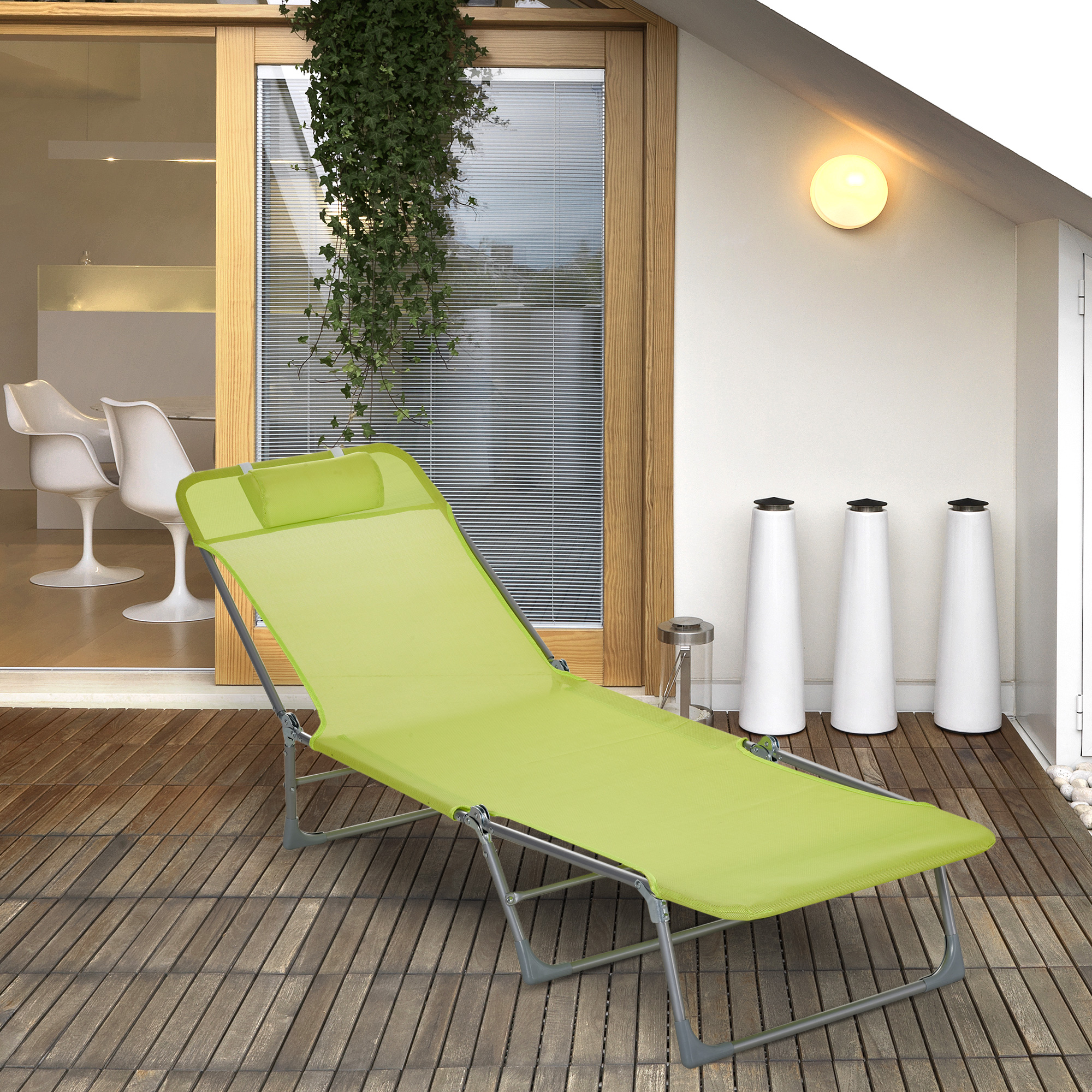 Espreciadora plegable y reclinable de jardín con apoyo de cabeza y encosto ajustable en 5 niveles Tejido textilene repirable 182x56x24,5 cm verde