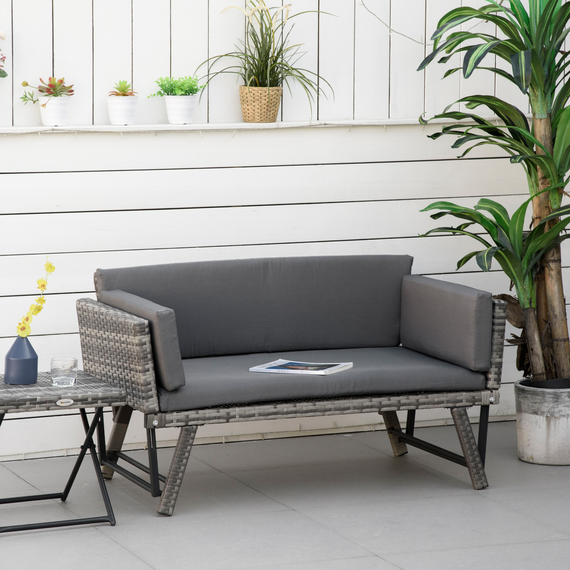 Canapé de 2 places Vime synthétique convertible en jardin extérieur Canapé lit avec coussin meubles Patio Terrasse 129x66x67cm Gris