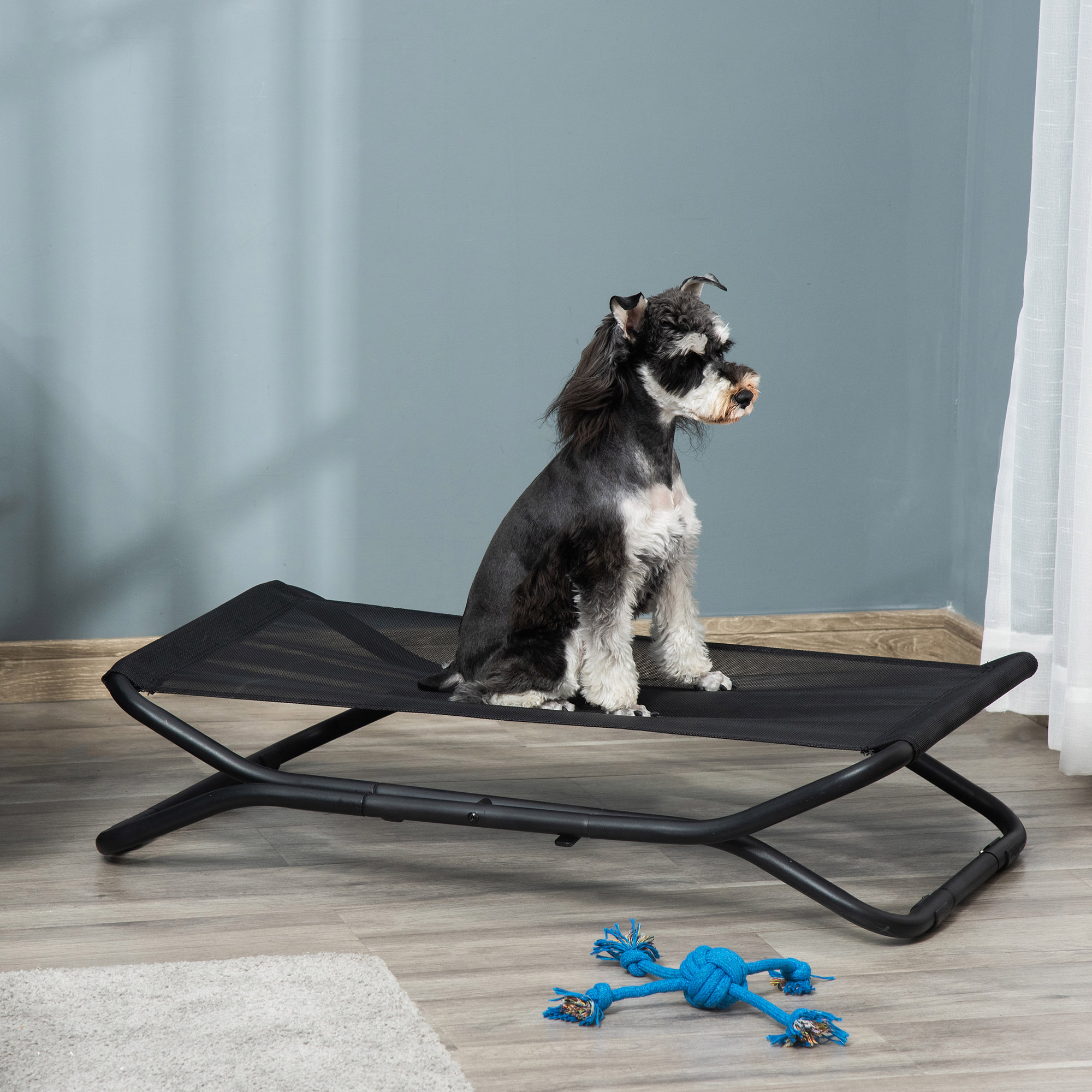 Lit haut pour chiens pliants Petit et moyen lit pour animaux avec tissu en fil respirant Structure en acier pour intérieur et extérieur 92x56.5x19.5cm Noir