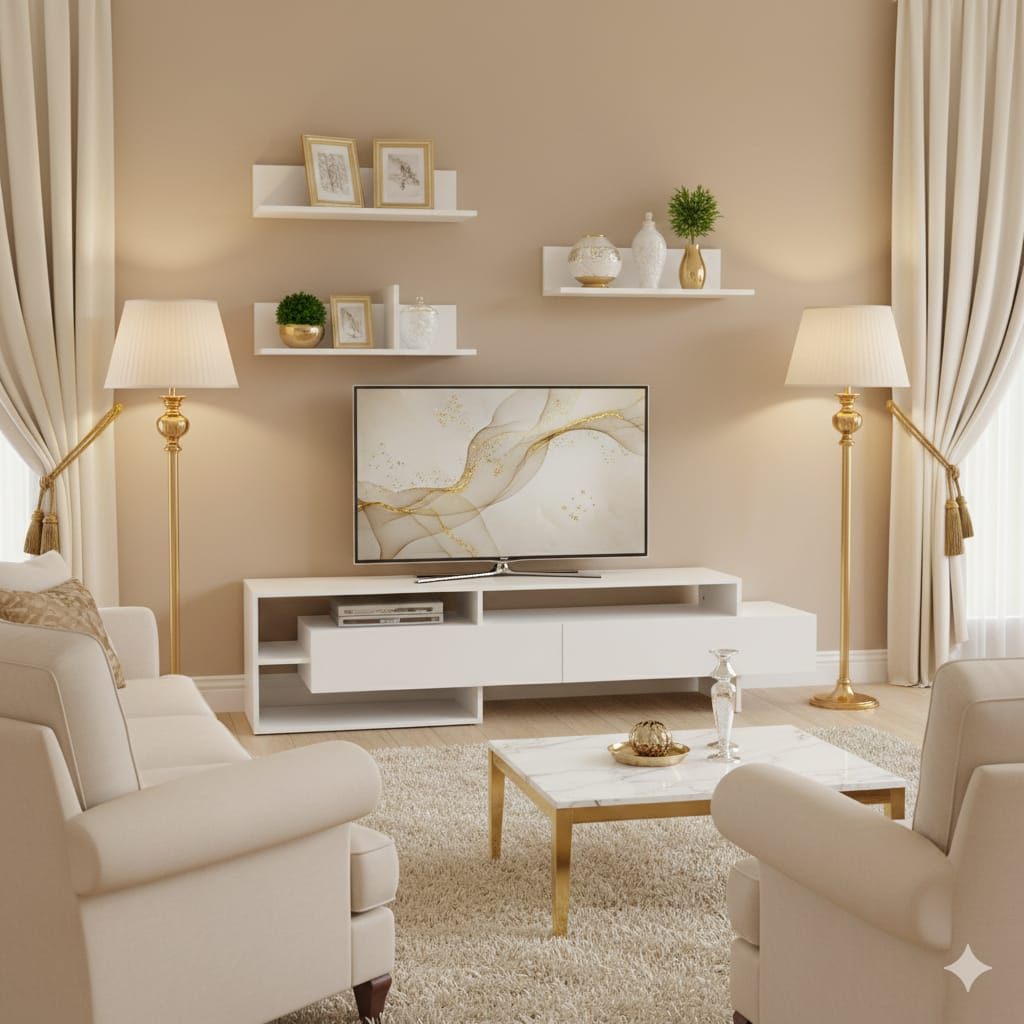 Essenza Móvel TV Branco 180cm com Prateleiras Flutuante
