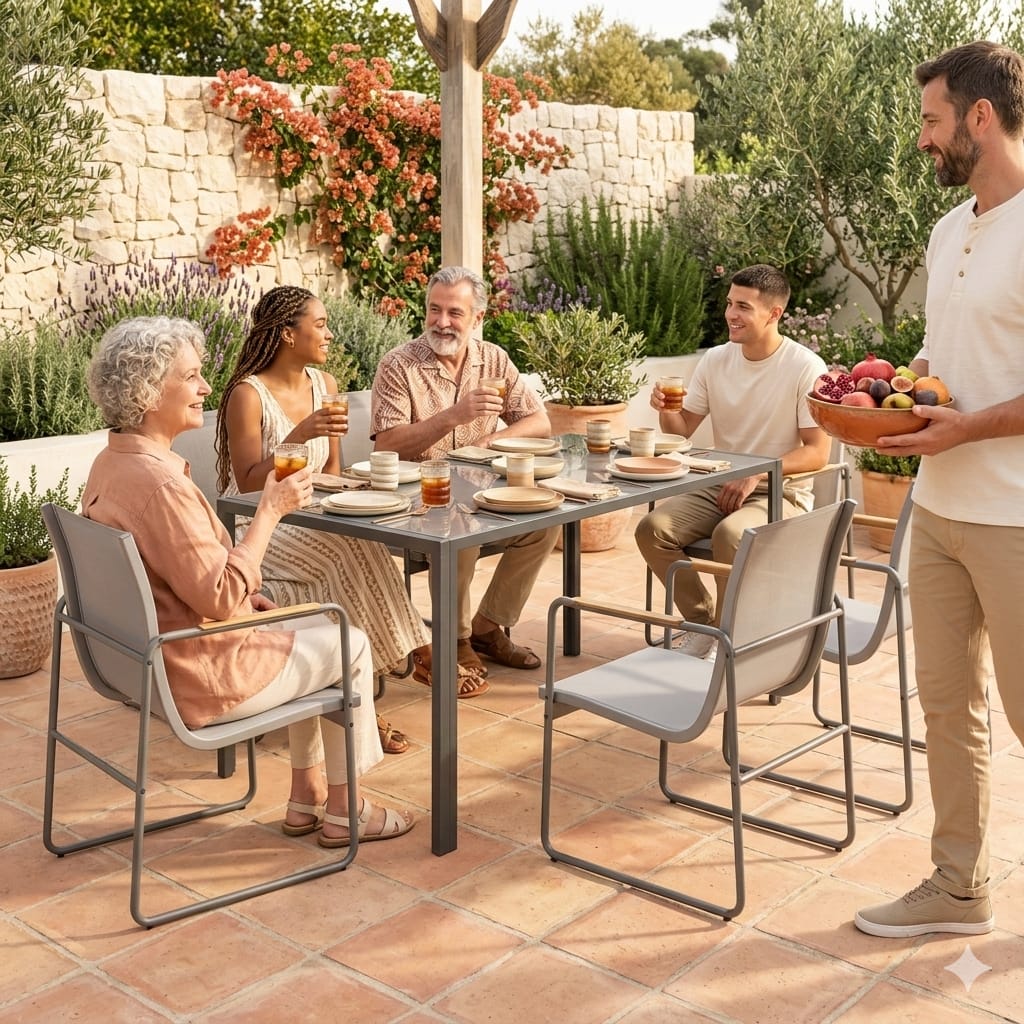 Essenza Ensemble Table et 6 Chaises Jardin Extérieur Acier Gris 150x80cm